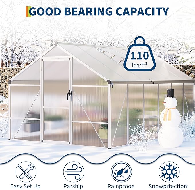 8x12 FT Greenhouse Greenhouses for Outside Polycarbonate Greenhouse with Aluminum Frame Lockable Door and Ajustable Roof Vent for Backyard Green Houses for Outside Garden Backyard Patio