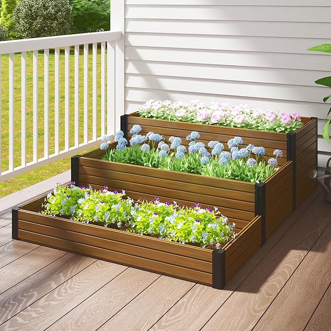 mondaria 3-Tier Planter Raised Beds 47.2 x 65.1 x 18.1 Outdoor Elevated Flower Box Wood Plastic Composite Tiered Garden Bed for Backyard/Patio/Gardener Brown