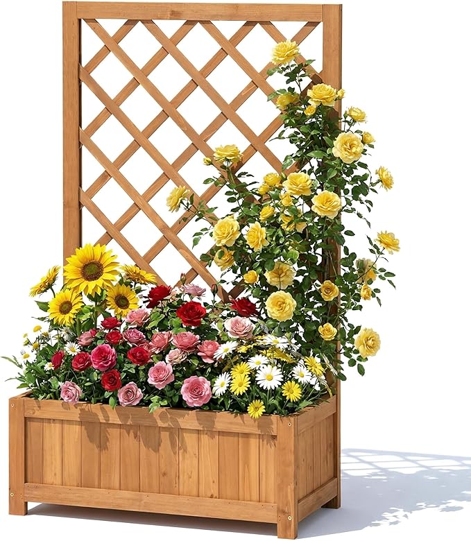 Wooden Raised Garden Bed with Trellis 40 Outdoor Planter Box for Climbing Plants Vertical Warm Brown Garden Planter for Vegetables Flowers &amp Vines Lattice Plant Support for Patio Yard Balcony