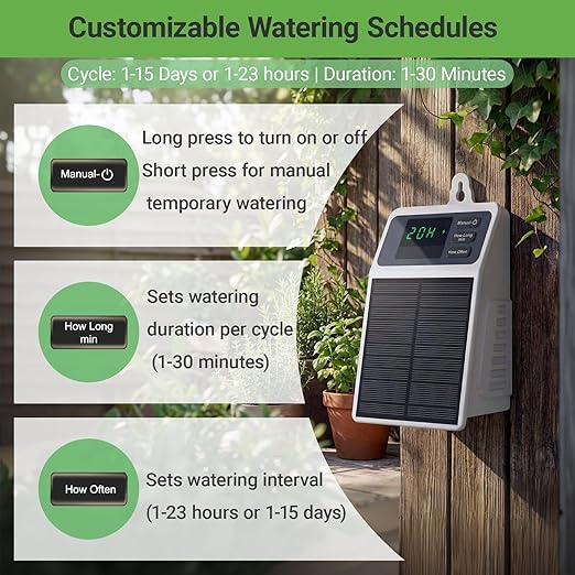 Automatic Solar drip Irrigation System (Solar/USB-C Dual Power) DIY Solar Watering System with Programmable Timer for 15 Potted Plants IPX5 Auto Watering Kit for Indoor Balcony Garden &amp Vacati