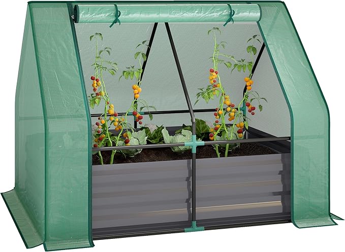 Outsunny 4 x 3 x 3ft Raised Garden Bed with Mini Greenhouse Galvanized Raised Garden Bed with Cover for Herbs and Vegetables Small Greenhouse for Patio Garden Balcony Green and Dark Gray