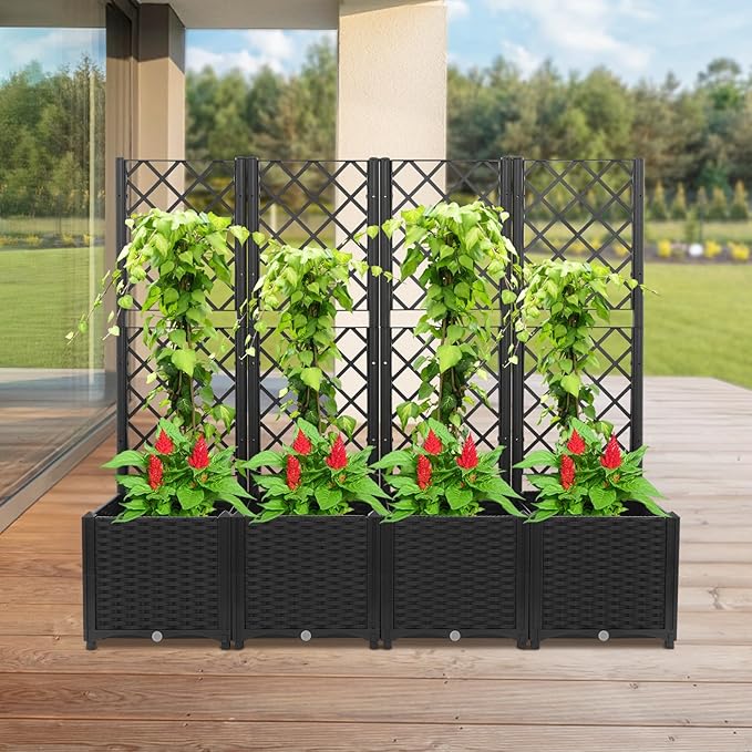 4 PCS Plastic Plant Box with Trellis Raised Garden Bed Planter for Climbing Plant Outdoor Raised Box Privacy Screen for Balconies Backyards Patios Planting Boxs Equipped with Climbing Frame