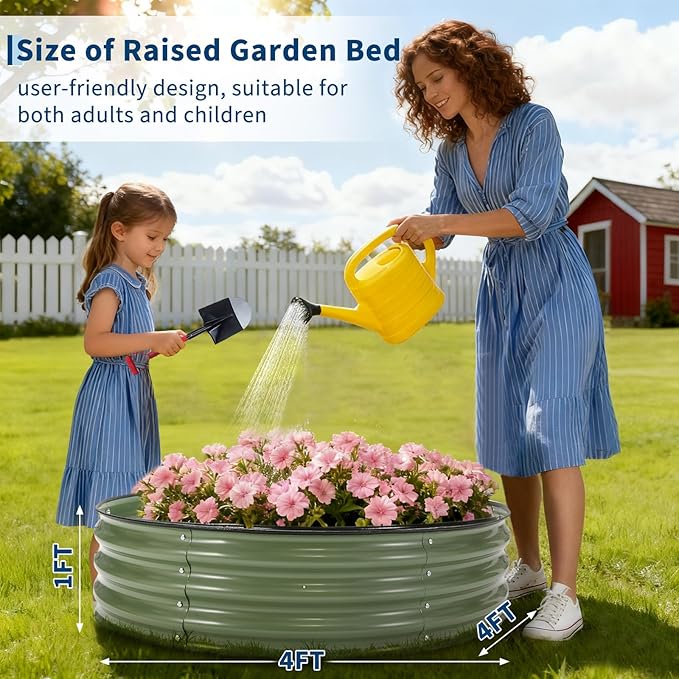 Round Galvanized Raised Garden Bed 4x4x1Ft-Outdoor Metal Circle Raised Garden BedRound Galvanized Planter for Patio Yard and Gardening