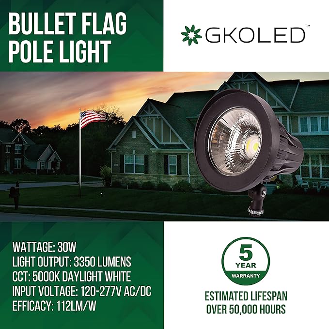 GKOLED 30W 5000K Bullet/Round Outdoor Spotlight 44 Degree Beam Angle Light with 30-Pack Waterproof Large Size Wire Connectors