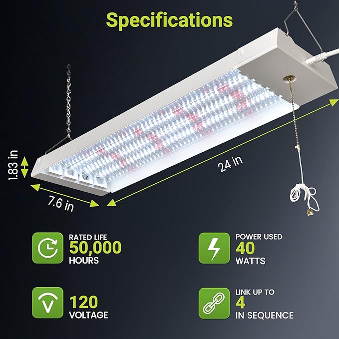 40-Watt 2-Ft Full Spectrum Linkable LED Grow Light ETL Certified 120V Plug in (2-Pack)
