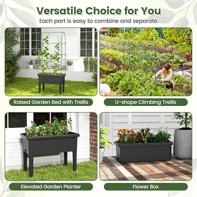 Giantex Raised Garden Bed with Climbing Trellis Self-Watering Elevated Planter Water Level Indicator &amp Drainage Hole Plant Raised Bed for Cucumber Vegetables Fruits Herbs