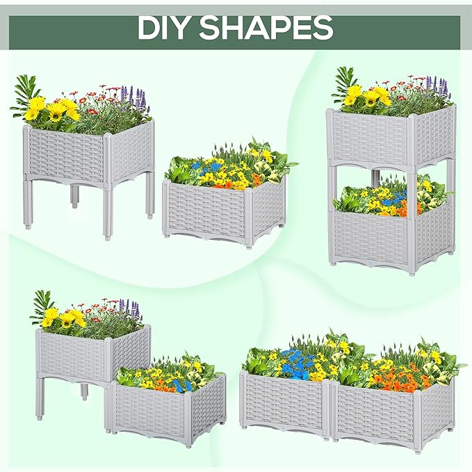 2 Pcs Raised Garden Bed with Legs Self Watering Planter Box Raised Bed to Grow Flowers Herbs Vegetables Gray