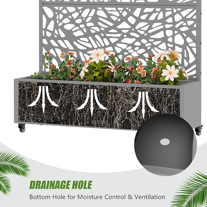 Casaphoria Metal Raised Garden Bed with Trellis and Wheels 72x47x16 Planter Box for Climbing Plants Vegetables &amp Vines Features Drainage Holes and Privacy Screen Grey-Net