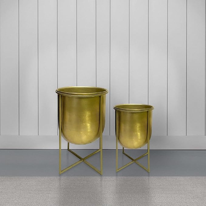 Generic 16 13 Inch High Brass Raised Planter with Stand Set of 2 Gold