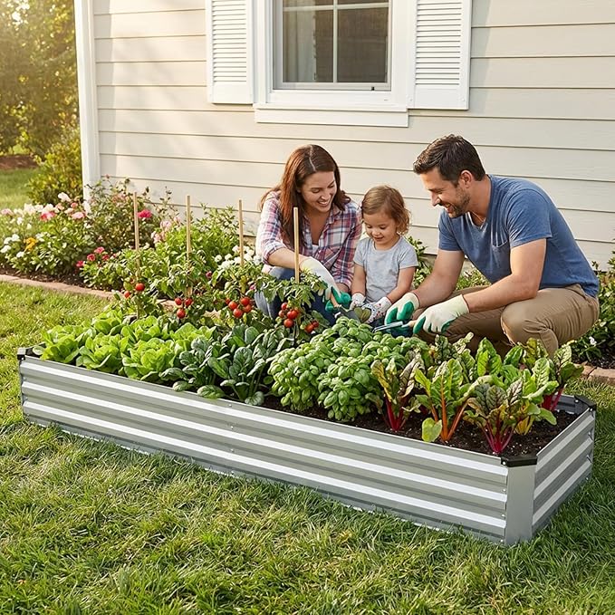 INNO STAGE Galvanized Raised Garden Bed Kits 8x2x1ft Metal Raised Garden Beds Outdoor Large Steel Raised Planter Bed with Gloves for Vegetables &amp Flowers Patio Ground Planter Box(Silver 2PCS)