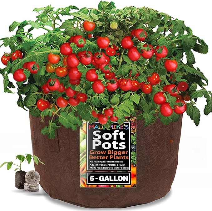 MAUI MIKE'S - Indoor Cherry Tomato Seed Grow Kit- Jiffy 7's Starter Soil Wafers - 5 Gallon Soft Pot Grow Bag- Step by Step Instructions - Grows Indoors or Outdoors - Non GMO Seeds- Makes a Great Gift.