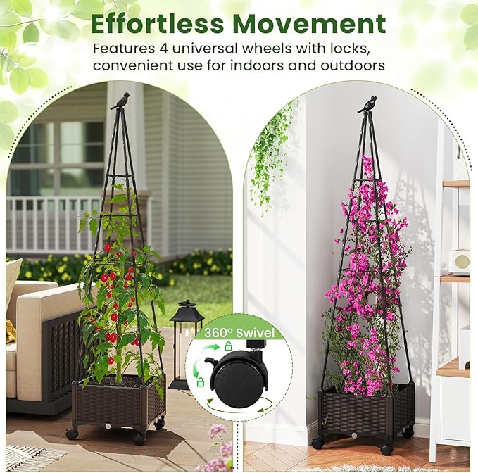 Giantex Set of 2 Raised Garden Bed with Wheels &amp Tomato Cage Self Watering Planter Box with Obelisk Trellis Adjustable Height Indoor Outdoor Planter for Climbing Plant Flower Vegetable Fruit