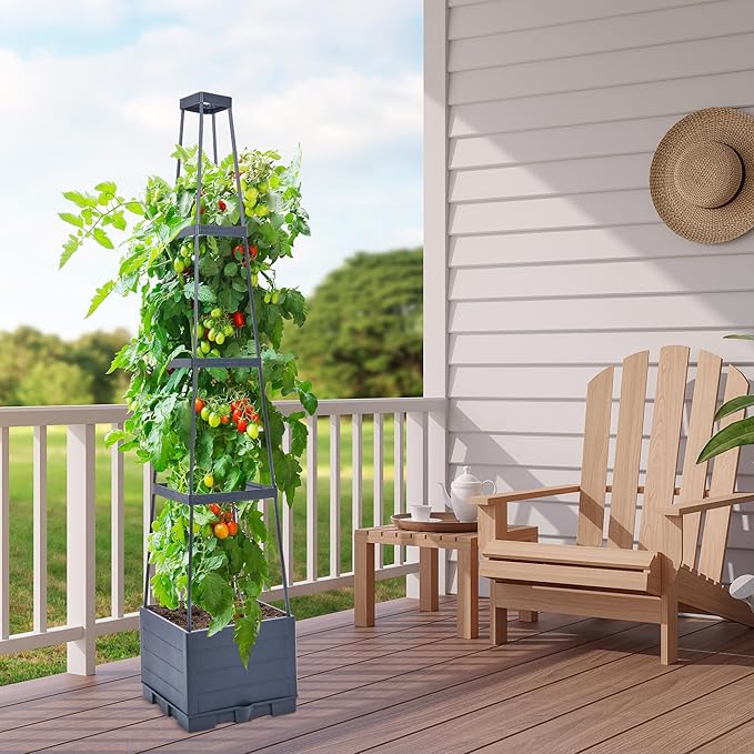 GENMOUS Raised Garden Bed with Tomato Planter Box Trellis 56'' Tomato Cages for Garden Tomato Planter Cage for Patio for Climbing Plants Vegetable Vine Flowers Outdoor &amp Indoor 2 Pack