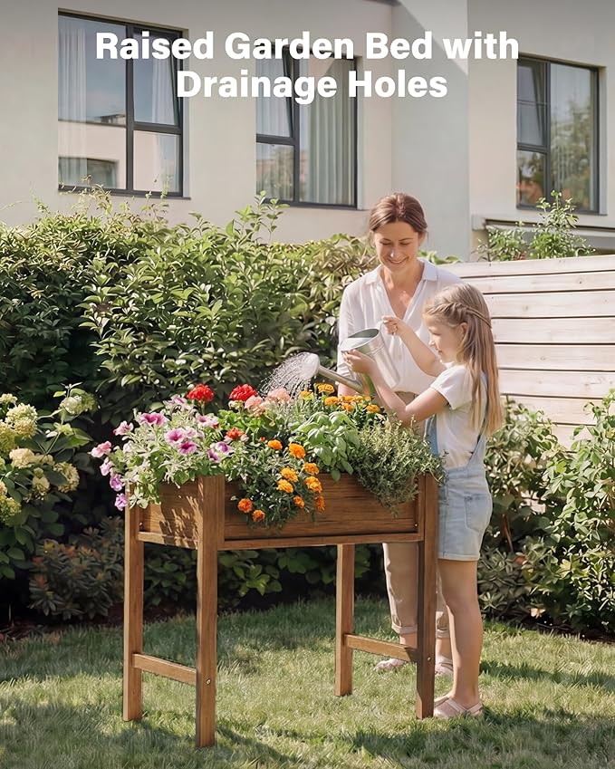 YEFU Raised Garden Bed for Outdoor: 34x30x18in Teak Raised Garden Bed with Legs to Plant Herbs Vegetables Flowers - Easy to Assembly Elevated Planter Box for Organic Home Gardening in Patio/Backyard