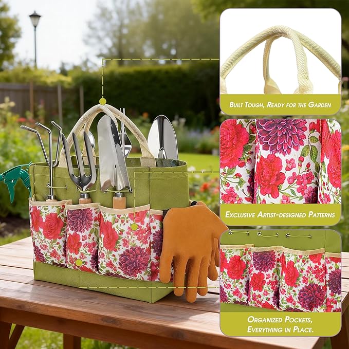 Garden Tool Set 10 PCS Gardening Essentials Stainless Steel Garden Hand Tools with Tote Bag Well-Designed Gardening Supplies Kit Gifts for Women Men Gardeners