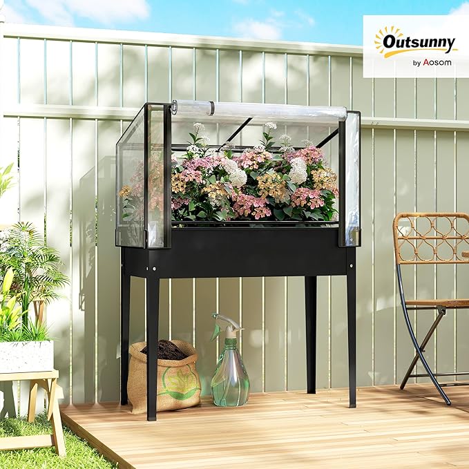 Outsunny Raised Garden Bed with Flip-Up Greenhouse Cover Metal Elevated Garden Bed with Legs and Drainage Hole Outdoor Raised Planter Box for Vegetables Herbs Flowers 39.4 x 18.9 x 52.8 Black