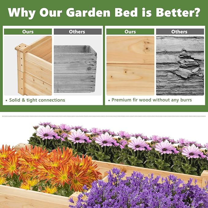 HAPPYGRILL 3-Tier Raised Garden Bed Wood Elevated Flower Box with Open-Ended Base &amp Plug-in Connector Outdoor Planter Raised Beds for Vegetables Herbs &amp Fruits