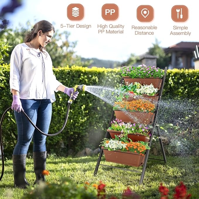 5-tier Vertical Garden Planter Box Heavy-duty and Powder-coated Iron Pipes Elevated Raised Bed with 5 Container Box Each Garden Planter Box 19.5'' x 7.5'' x 6.5''