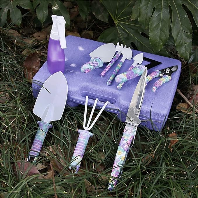 Garden Tools Set 10 Pieces Gardening Tools Garden Hand Tools with Purple Floral Print Ergonomic Handle &amp Carrying Case (Color : Green)