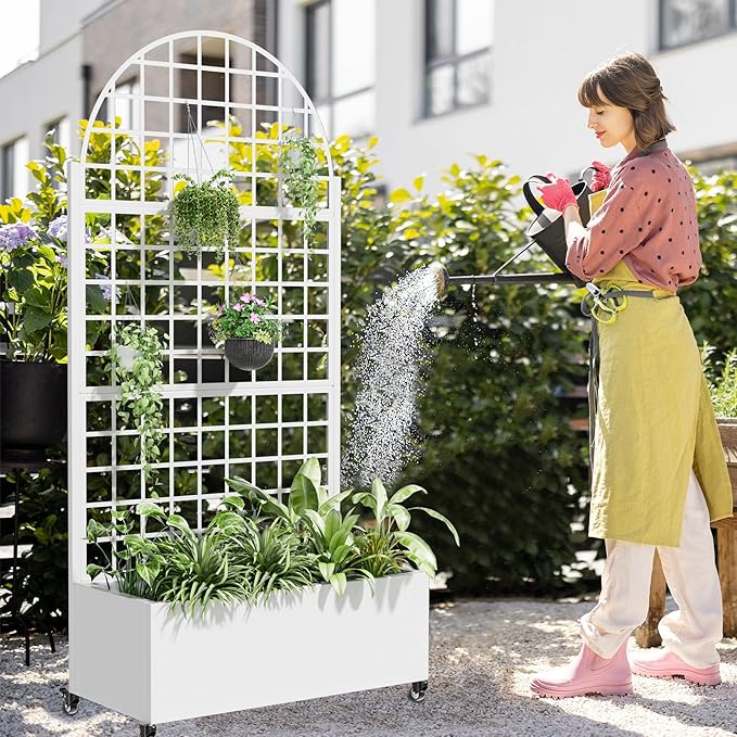 Casaphoria Metal Raised Garden Bed with Trellis and Wheels 72x35x16 Arched Planter Box for Climbing Plants Vegetables &amp Vines Features Drainage Holes and Privacy Screen White-Grid