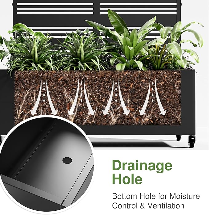 Casaphoria Metal Raised Garden Bed with Trellis and Wheels 47x47x16 Planter Box for Climbing Plants Vegetables &amp Vines Features Drainage Holes and Privacy Screen (Black-Harold)