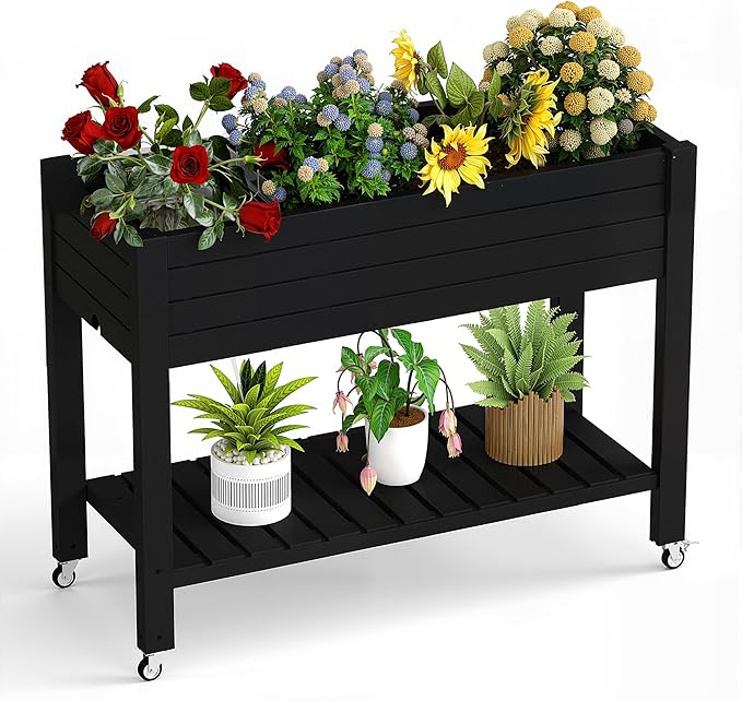 Raised Garden Bed with Legs 33.66 Tall Self-Watering Resin Planter Box with Lockable Wheels Drainage Plug and Gauge for Vegetables Flowers Storage Shelf for Tools and Accessories (Black)