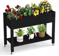 Raised Garden Bed with Legs 33.66 Tall Self-Watering Resin Planter Box with Lockable Wheels Drainage Plug and Gauge for Vegetables Flowers Storage Shelf for Tools and Accessories (Black)