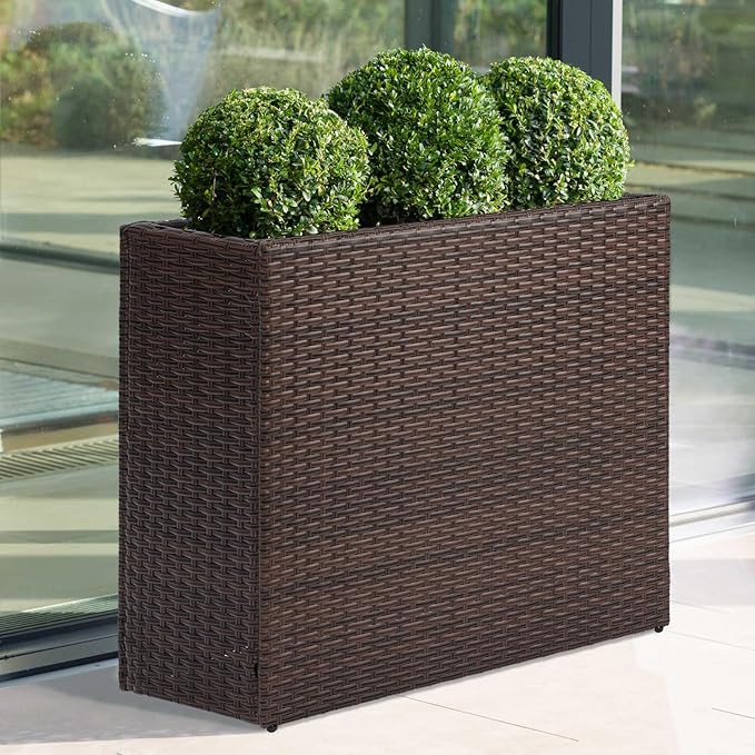 LEWIS&ampWAYNE Tall Planters for Outdoor Plants Handmade Wicker Large Rectangular Block Planter Box with Removable Liners Modern Planter for Indoor Outdoor Patio Deck - Brown