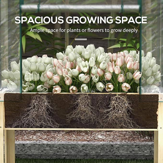 Outsunny Raised Garden Bed with Plastic Greenhouse Cover and Bed Liner Outdoor Elevated Wood Planter Box for Herbs and Vegetables Use for Patio Backyard Balcony 45 x 24 x 65 inch Natural