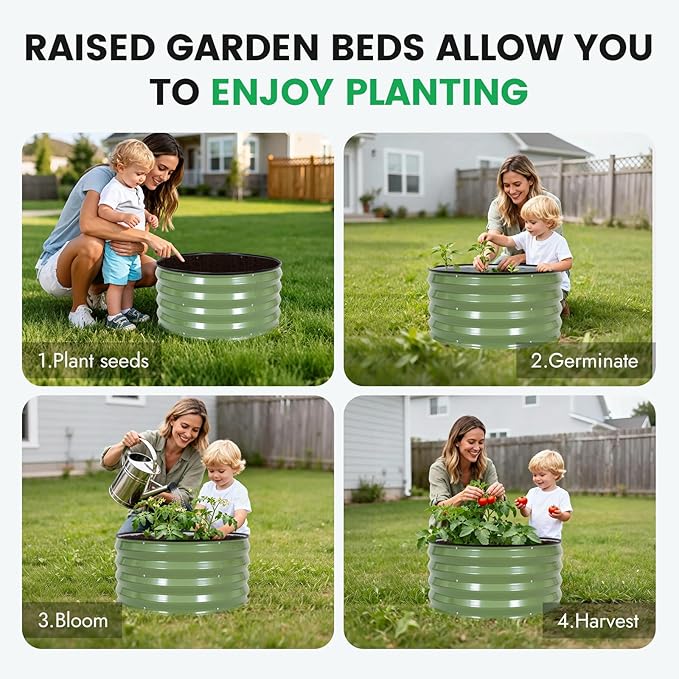 INNO STAG 3 Pcs Round Galvanized Raised Garden Bed — 2×2×1ft Planter Box Outdoor Raised Beds Kit for Gardening Vegetables Fruits Herbs and Flowers Olive Green