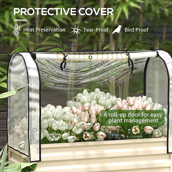 Outsunny Raised Garden Bed with Cover and Storage Shelf Rectangular Metal Elevated Planter Box with Legs and Bed Liner for Vegetables Flowers Herbs Cream