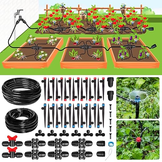 240FT Drip Irrigation System Kit New Quick-Connect Automatic Garden Watering Misting System for Greenhouse Yard Lawn Plant with 1/2 inch Hose 1/4 inch Distribution Tubing and Accessories