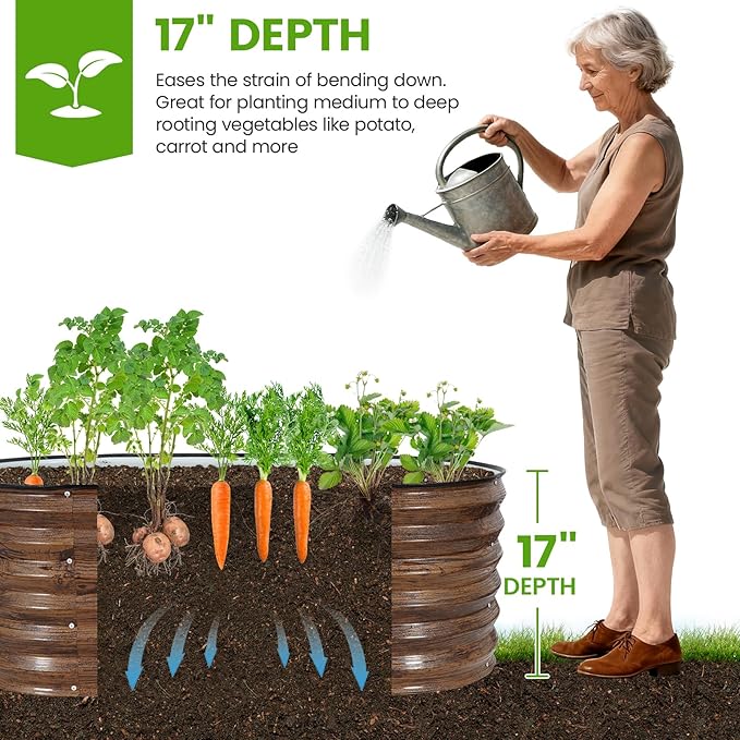 Galvanized Raised Garden Bed Outdoor |17'' Tall Planter Box Outdoor for Deep Root Plants | 3Pcs Raised Bed Kit for Gardening with Rubber Strip for Vegetables Flowers Fruits (Grain 4x2x1.4FT)