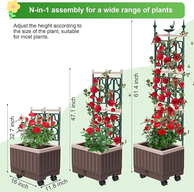 Raised Garden Bed Planter Boxes with Trellis61.4 Self-Watering Trellis with Planter Box for Climbing Plants Flowers Vegetables with WheelsUse for Indoor Outdoor