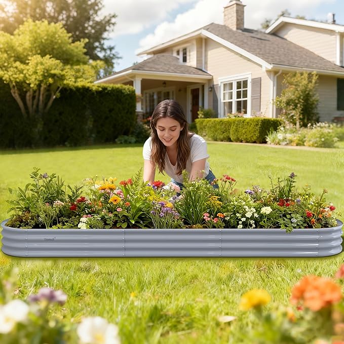 6-Pack 12×2×1ft Galvanized Raised Garden Bed Kit - Oval Large Metal Planter Box with Easy Tool-Free Assembly for Vegetable Flower Herb Outdoor Backyard Patio Kitchen Garden Family-Friendly
