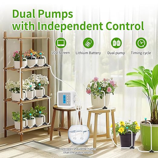 Smart Automatic Plant Watering System for 20 Pots - Dual Pump Indoor Drip Irrigation Kit with 30-Day Programmable Timer &amp USB-C Charging