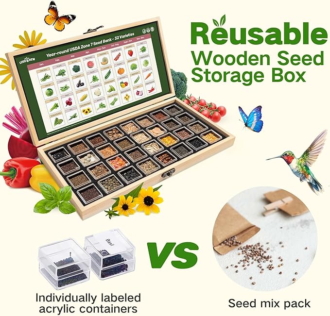 Lush&ampDew Year-Round USDA Zone 7 Seed Bank Gift for Mom Dad 32 Varieties Non-GMO Heirloom Seeds of Vegetables Flowers Gardening Gifts for Women Men Survival Kit for Raised Garden Bed Greenhouse