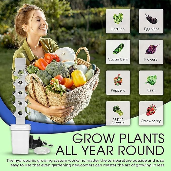 Hydroponics Growing System 24 Pods Vertical Hydroponics Tower Smart Garden Planter Germination Kit Aeroponics Growing Kit with Hydrating Pump Adapter Net Pots Timer/1pc