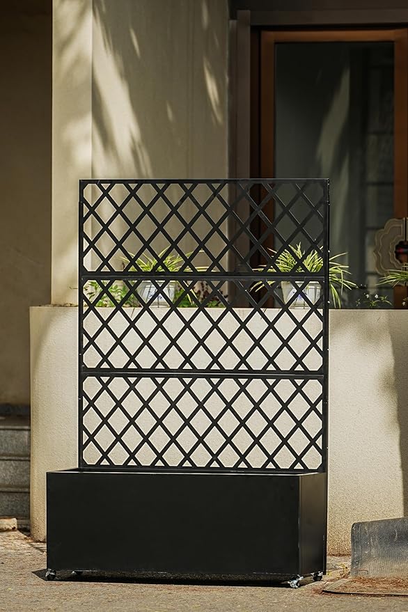 IDEAHOUSE Steel Raised Garden Bed w/Trellis &amp Privacy Screen - 71x35x16 in Planter Box w/Lockable Casters Drainage Holes for Vines Vegetables on Patio Deck Yard Black