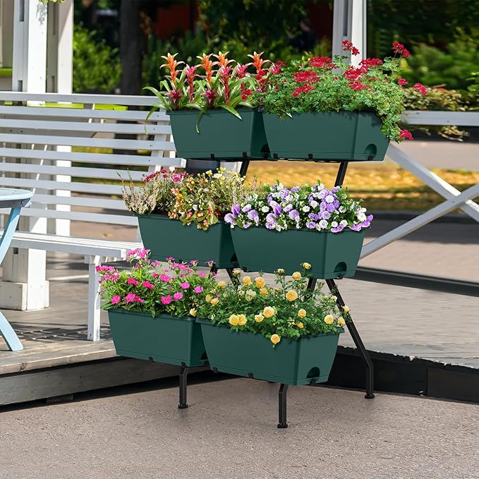 2 Column Vertical Raised Garden Beds 6 Planter Boxes Standing Garden Bed Outdoor/Indoor Herb Garden Tiered Planter with Drainage Holes &amp Removable Trays for Flowers/Vegetables/Plants (Green)