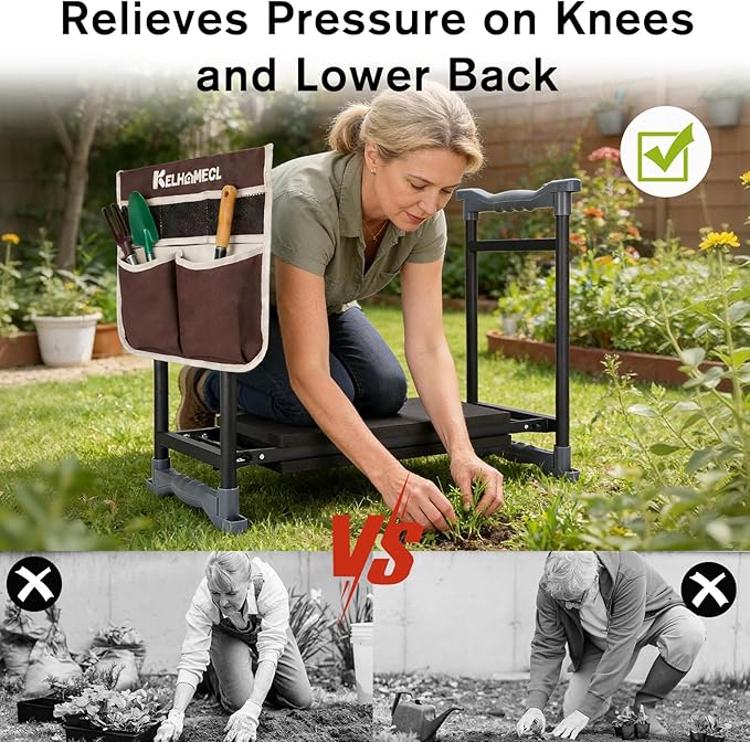 Garden Kneeler and Seat with Umbrella 2-in-1 Foldable Gardening Stool with Adjustable Bracket Detachable Tool Bags Heavy Duty Kneeling Pad for Gardening (Brown)