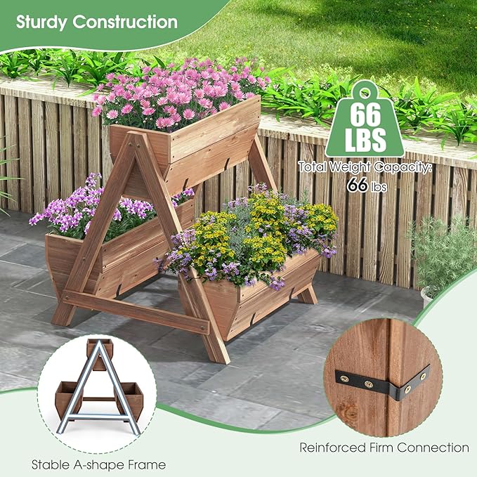 Giantex Vertical Raised Garden Bed 3 Wood Planter Boxes for Flower Vegetable Fruit Herb Freestanding Garden Planter with Drain Holes Elevated Raised Beds for Indoor Outdoor Lawn Patio Yard Brown