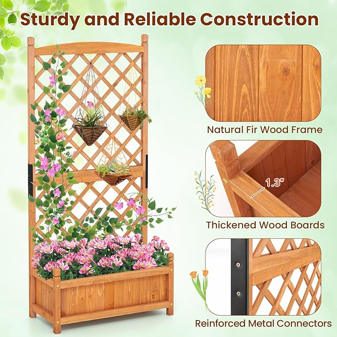 MAT EXPERT Raised Garden Bed with Trellis Lattice Panel with Hanging Roof Drainage Hole Planter Box for Flower Vine Elevated Outdoor Planter for Garden
