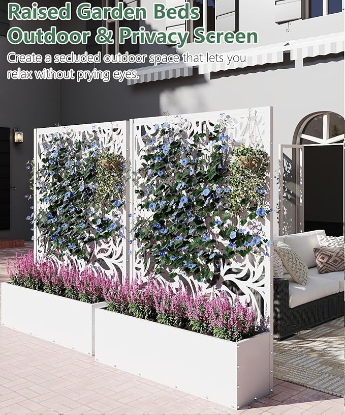 2PCS Metal Planter Box with Trellis70.9x47.2x15.7 Raised Garden Bed with Drainage Holes Privacy Planters for Outdoor Garden Bed for Climbing PlantsVegetablesand Vines White-Flower