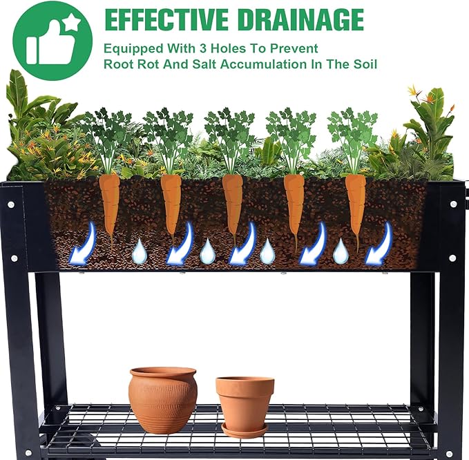 Elevated Mobile Raised Ergonomic Metal Planter Garden Bed for Backyard Patio w/Wheels Lower Shelf Black