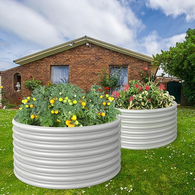 FRIZIONE Raised Garden Bed 2-Pack 3FT(D) x2FT(H) Round Outdoor Planter Box for Flower Herb Vegetable - White
