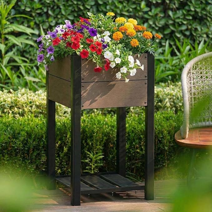 GAOMON HDPE Elevated Raised Garden Bed with Wood Grain Finish – Sturdy Black Aluminum Frame Storage Shelf &amp All-Weather Design Perfect Planter for Vegetables &amp Herbs Outdoors – Size: 49x49x8