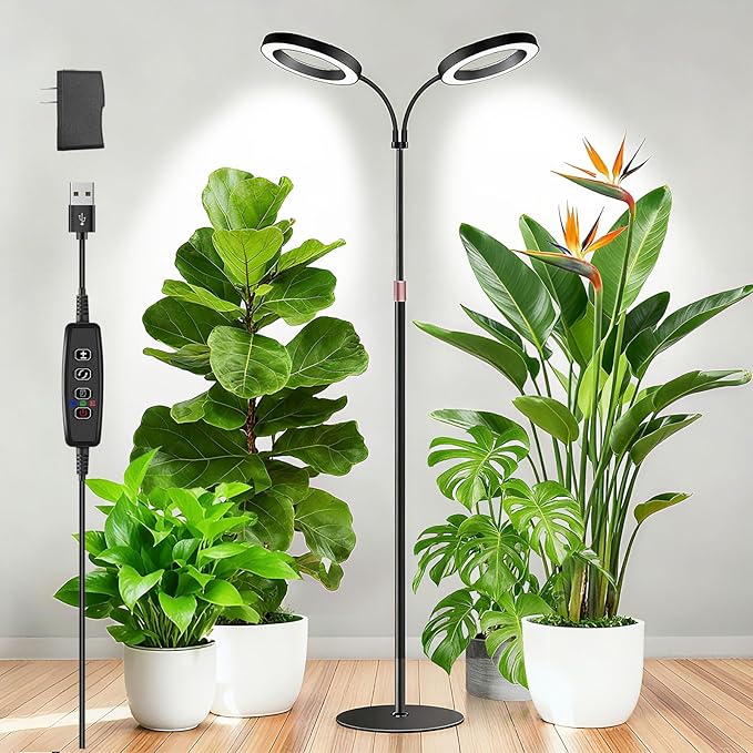 Dual-Head Grow Lights for Indoor Plants Full Spectrum Plant Lights with 23.5-67 Adjustable Height Stand 3 Growing Modes with Timer 3/9/12H Dimmable Halo Grow Lights for Large Tall Plants