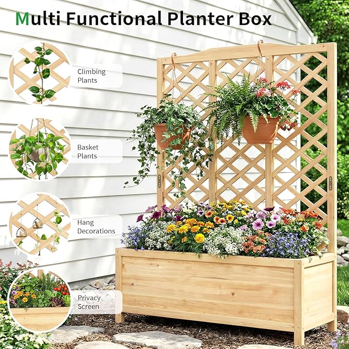 SUNYRISY Raised Garden Bed with Trellis for Climbing Plant Outdoor 59x44x16 Wooden Vertical Planter Box with Privacy Screen for Gardening Vine Flowers Vegetables