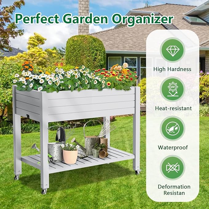 Mobile Raised Garden Bed with Lower Storage Shelf &amp Lockable Wheels Elevated Planter Box with Drainage Durable Eco-Friendly Material for Patio Balcony Yard (Ashen43.31*17.72*33.66)